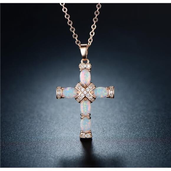 Gold Plated Opal Cross Necklace 18K Religious Pendant Jewelry Gift for Women - Picture 4 of 6
